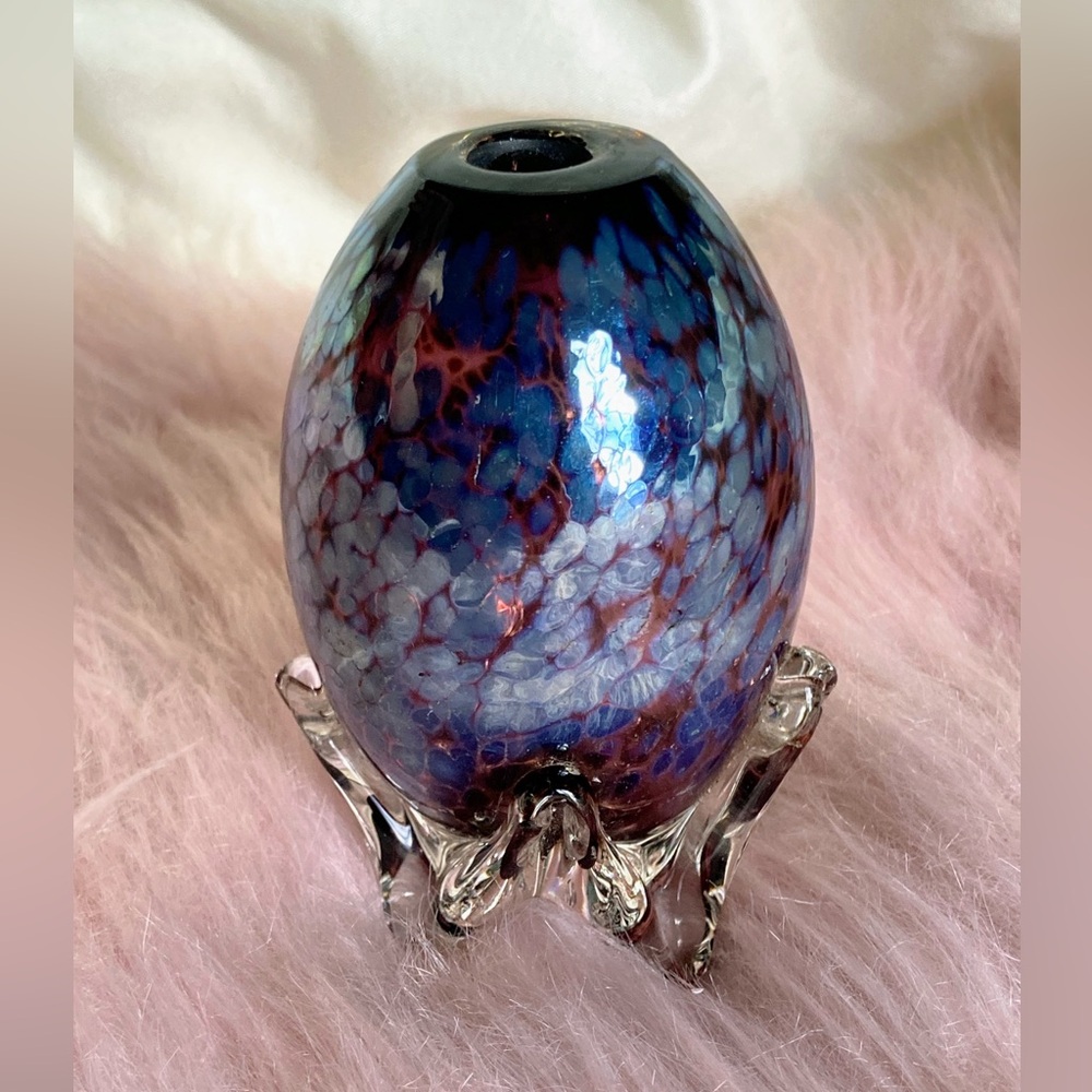 RARE 1992 Steven Bradshaw Studio American Art Glass Blue & Purple Signed Vase 4"